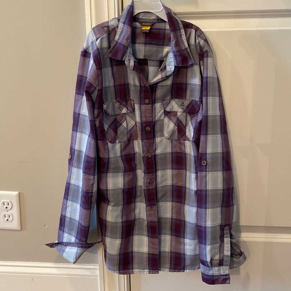 Small Eddie Bauer women’s purple plaid lightweight hiking camping long sleeve